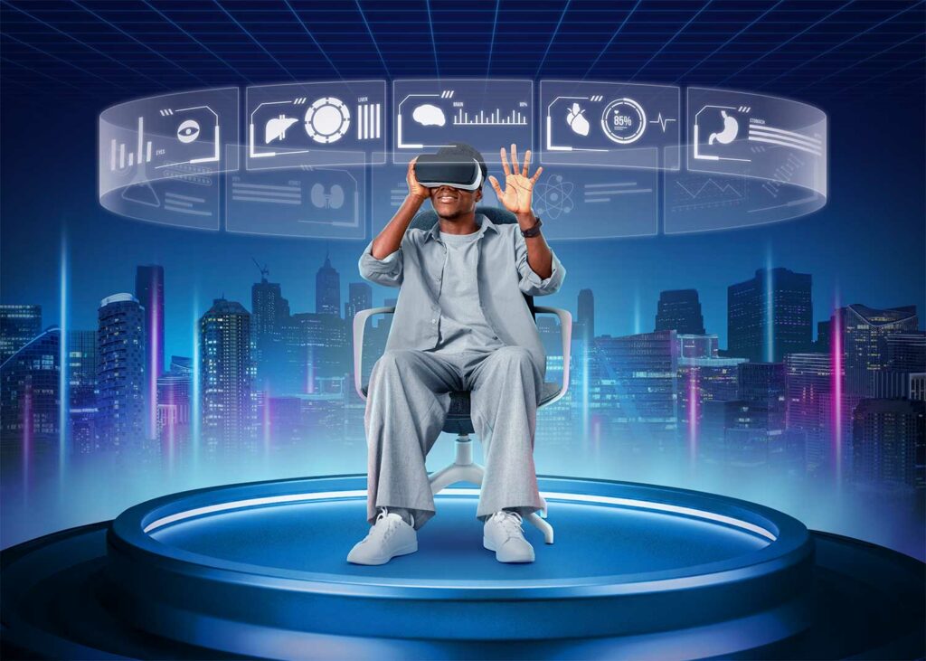 full shot man experiencing virtual reality