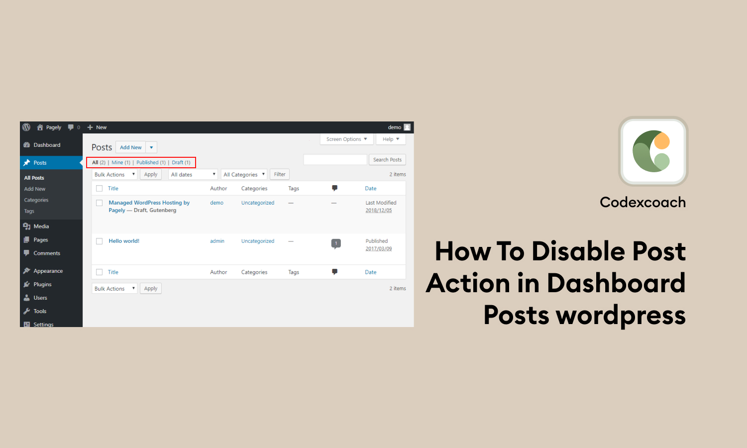 How To Disable Post Action in Dashboard Posts wordpress
