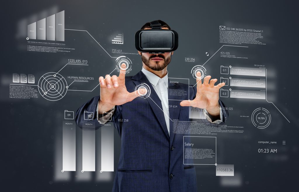 male suit with virtual reality glasses his head working virtual financial world