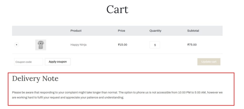 text on add to cart page