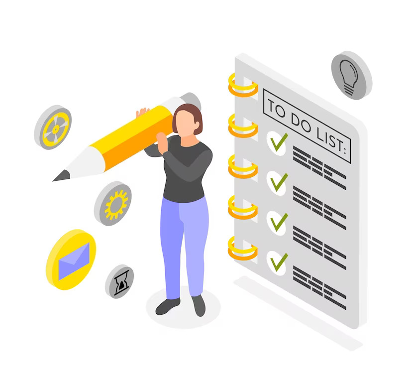 personal productivity isometric concept with woman standing near large list 3d vector illustration 1284 83547