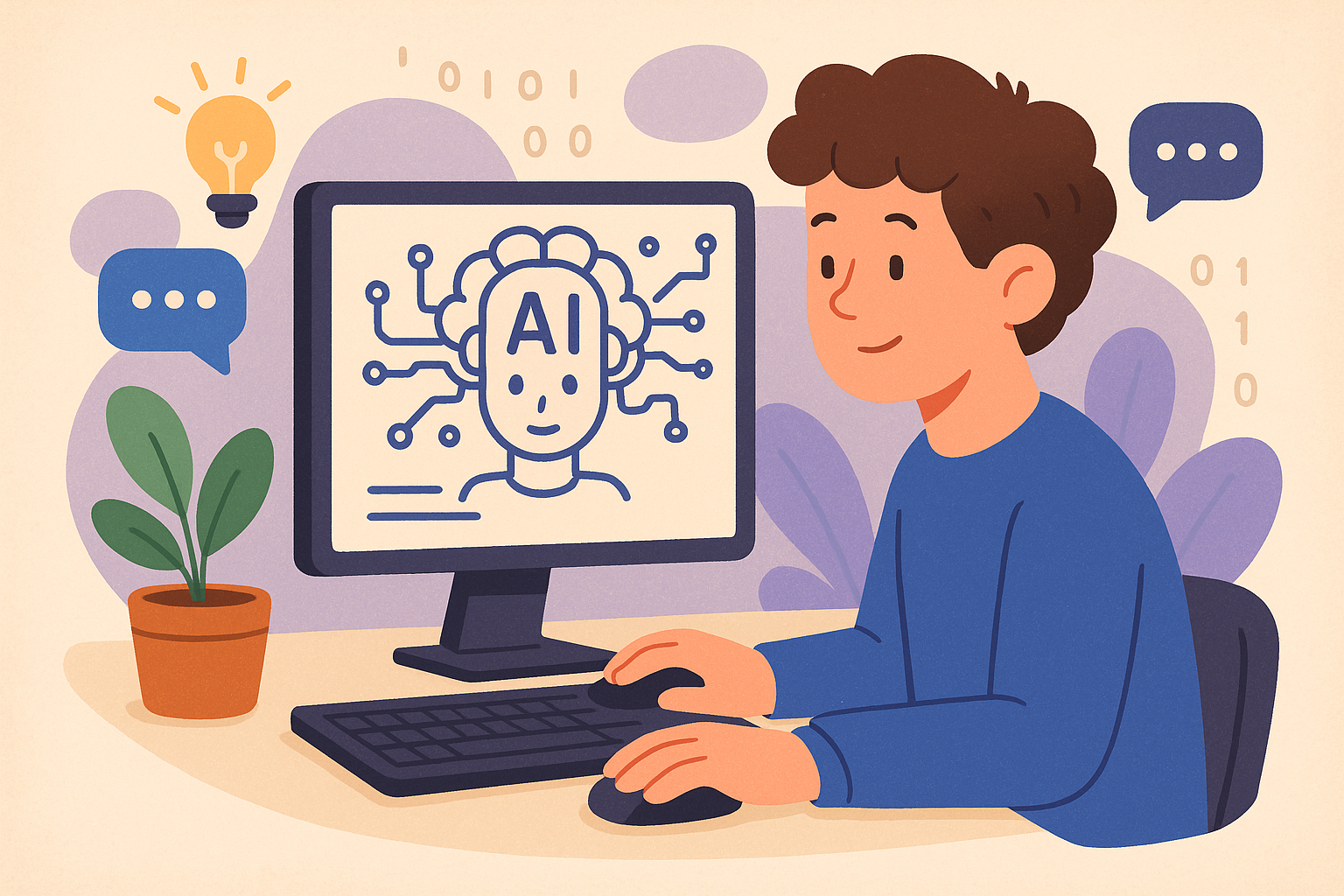 Beginner using AI technology on a computer