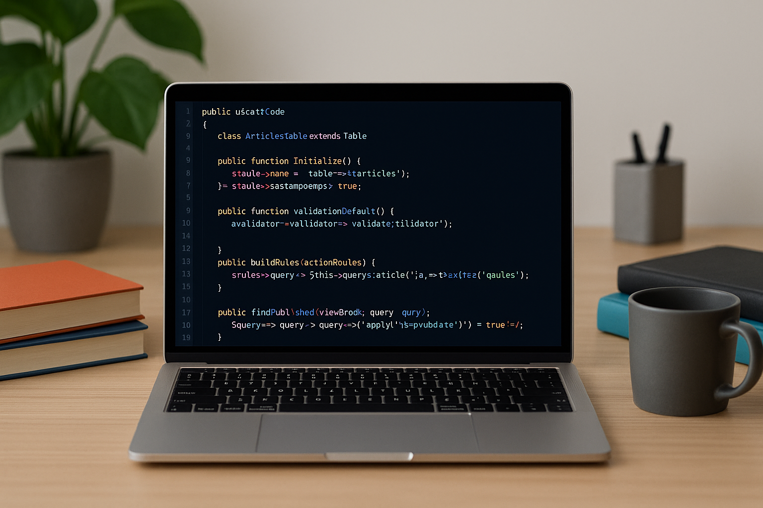 Laptop showing CakePHP code in a modern workspace setting