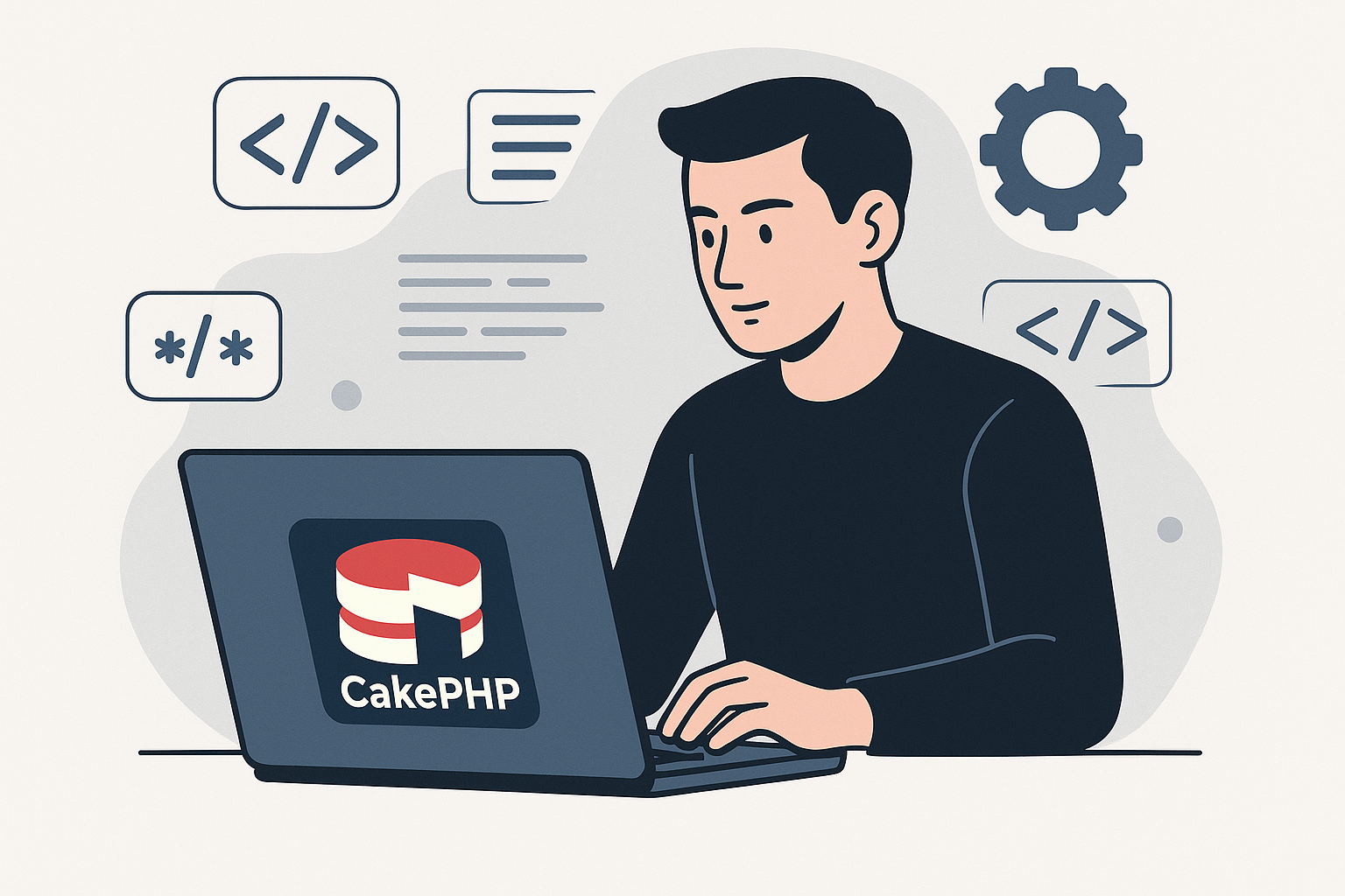 Web developer coding with CakePHP logo on screen