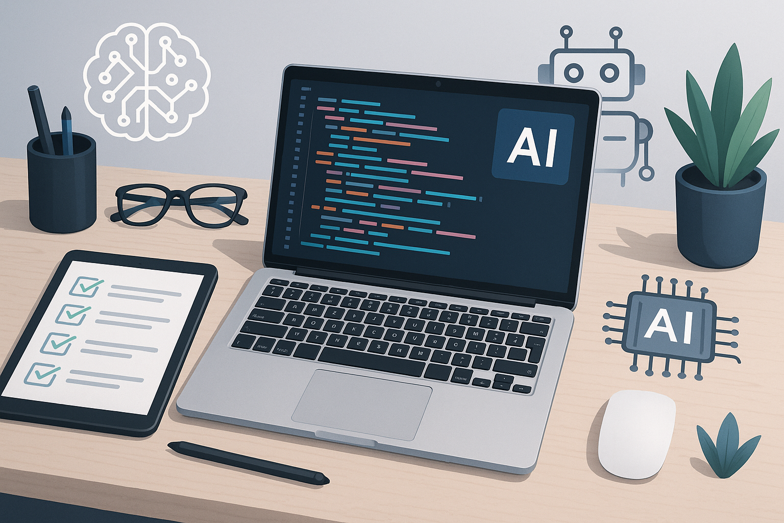 Ultimate AI checklist for web developers on a laptop screen with AI icons and a tablet showing a checklist.