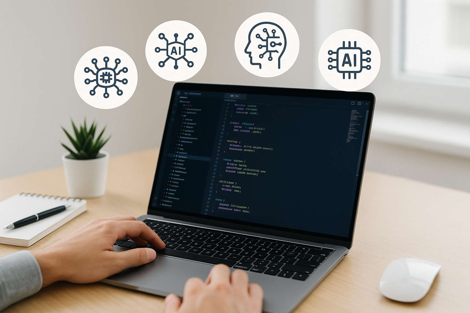 Top AI solutions for web developers displayed on a laptop screen with AI icons