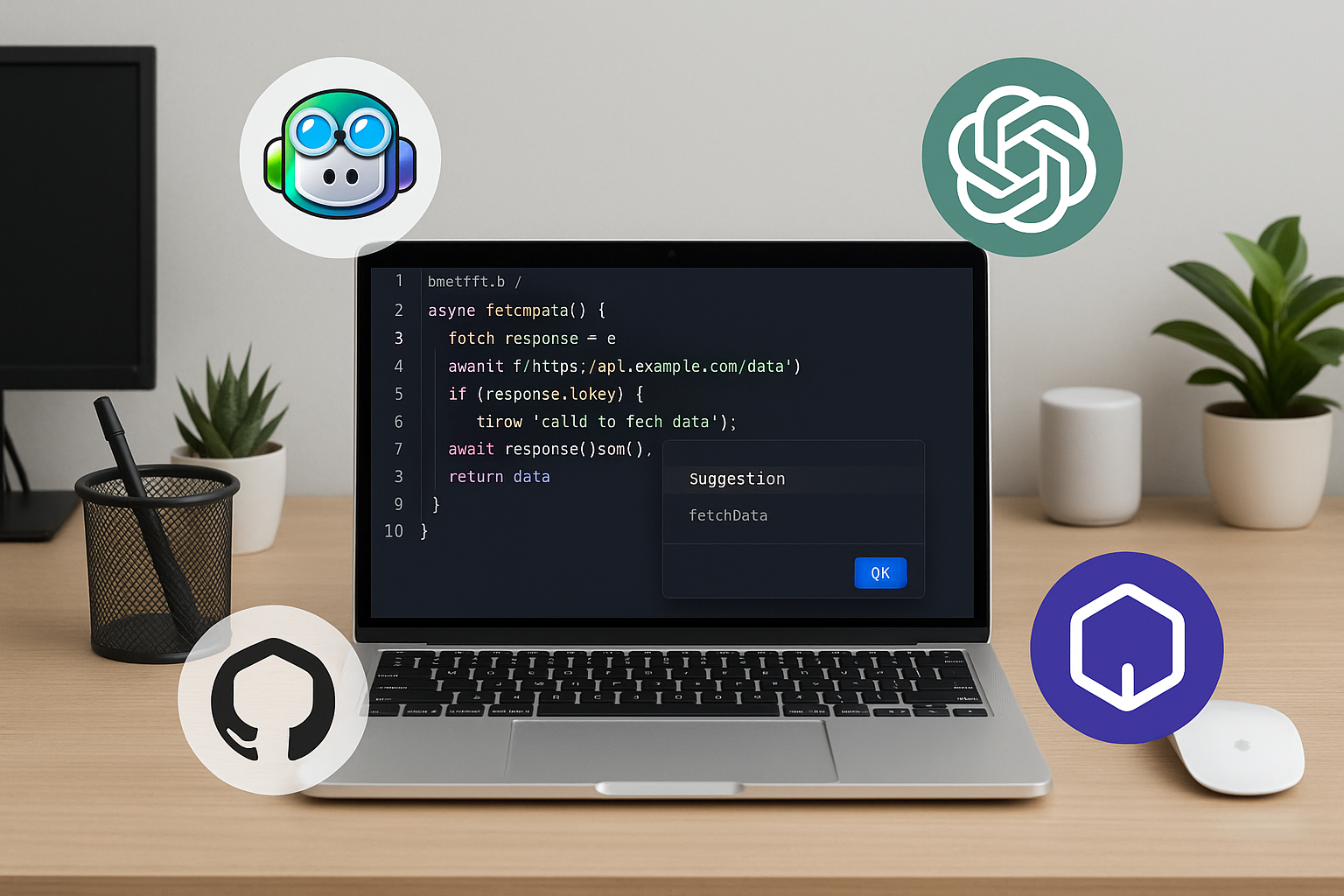 Top AI solutions for web development displayed on a laptop screen with AI tool icons