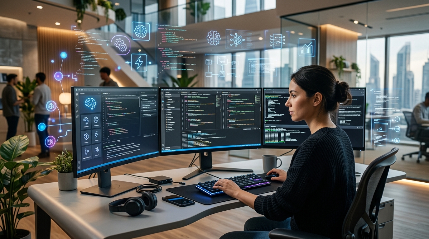 Developer using AI web development tools on dual monitors, representing AI web development best practices 2026