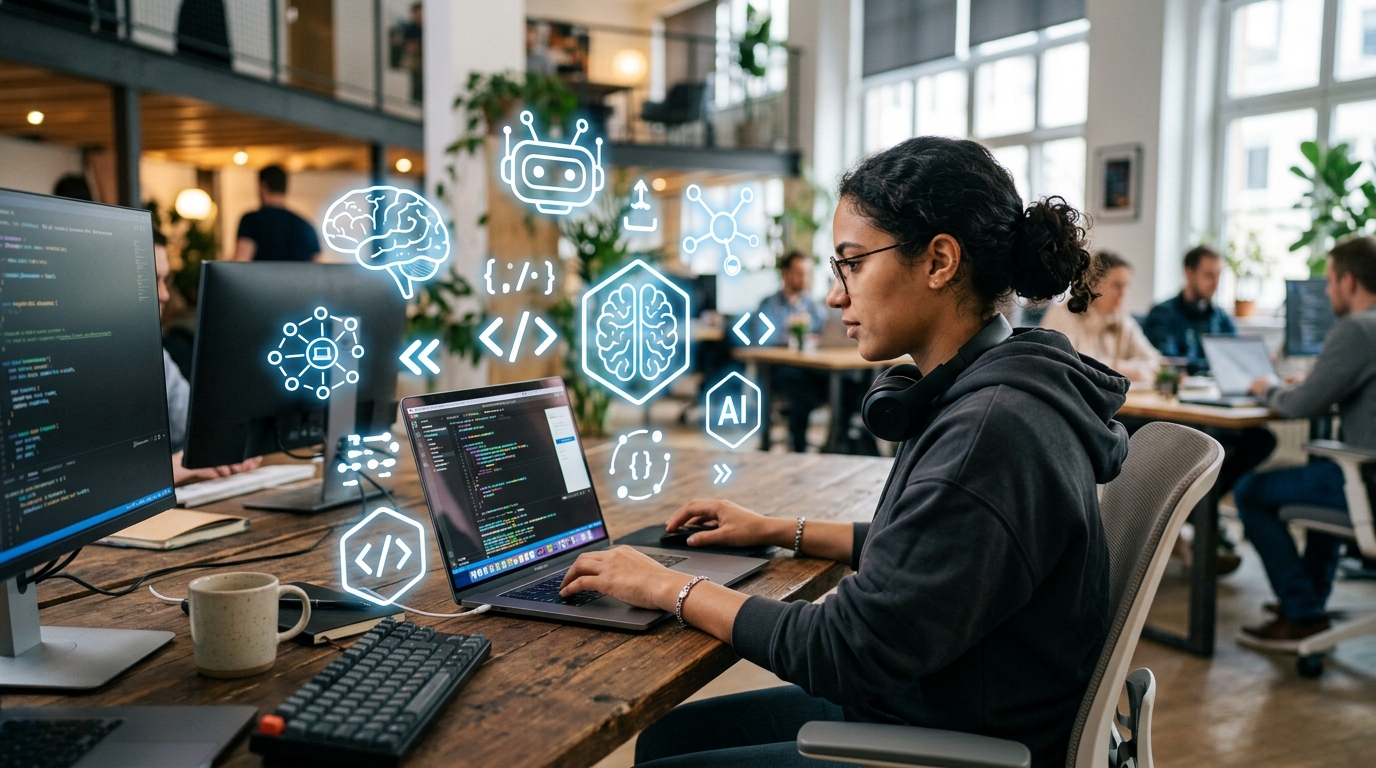 Web developer learning AI for web development with AI icons