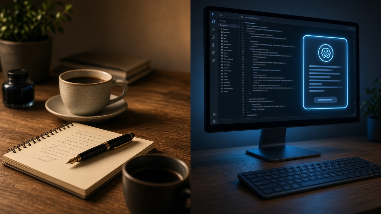 Modern developer workspace illustrating AI Generated Website Copy vs Human Copywriting: Which Wins in 2026?